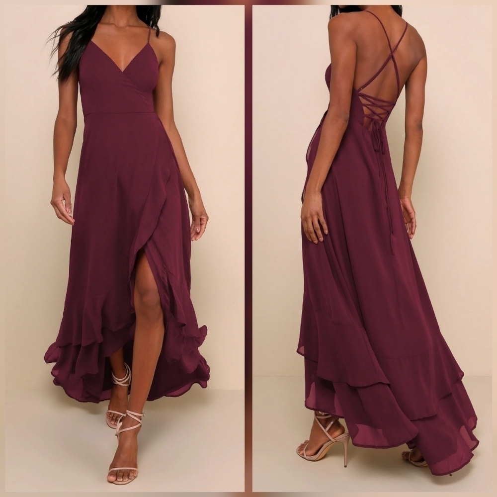 Lulus In Love Forever Plum Wine Lace-Up Sleeveless High-Low Maxi Dress